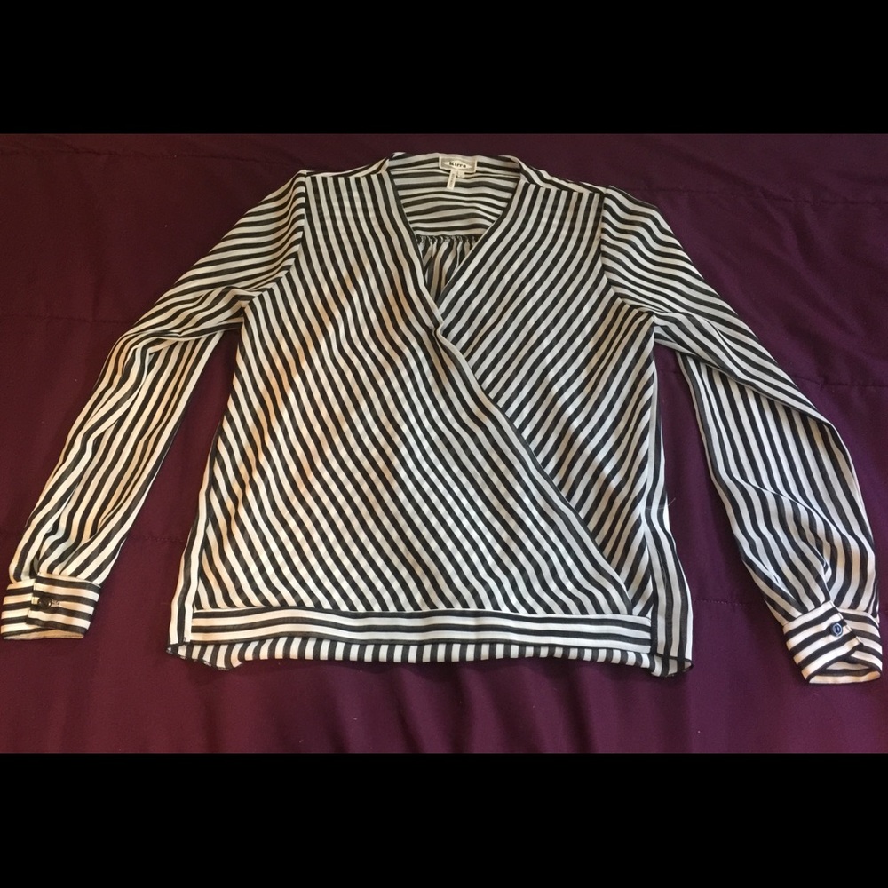 Sheer Black & White Striped Long Sleeve Blouse